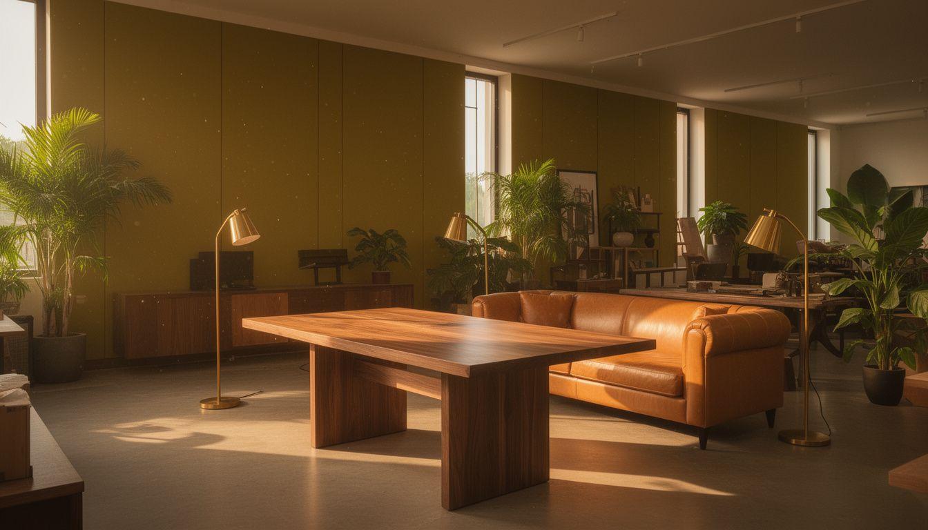Handcrafted walnut dining table and tan leather sofa in the Dogly Craftworks showroom at golden hour