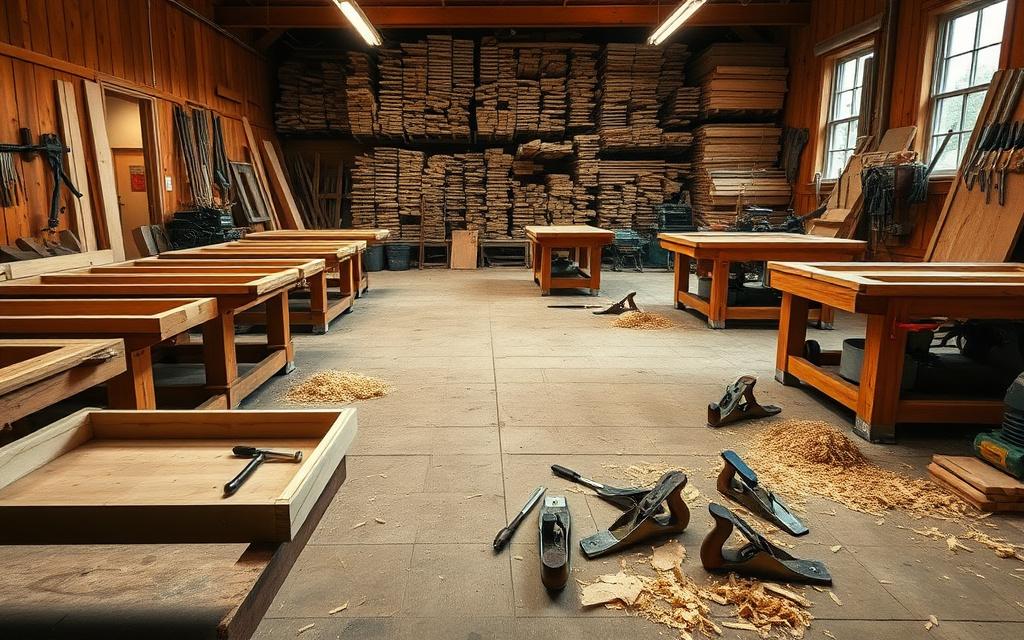 Workbenches with clamped furniture frames and hand tools on the Dogly Craftworks workshop floor