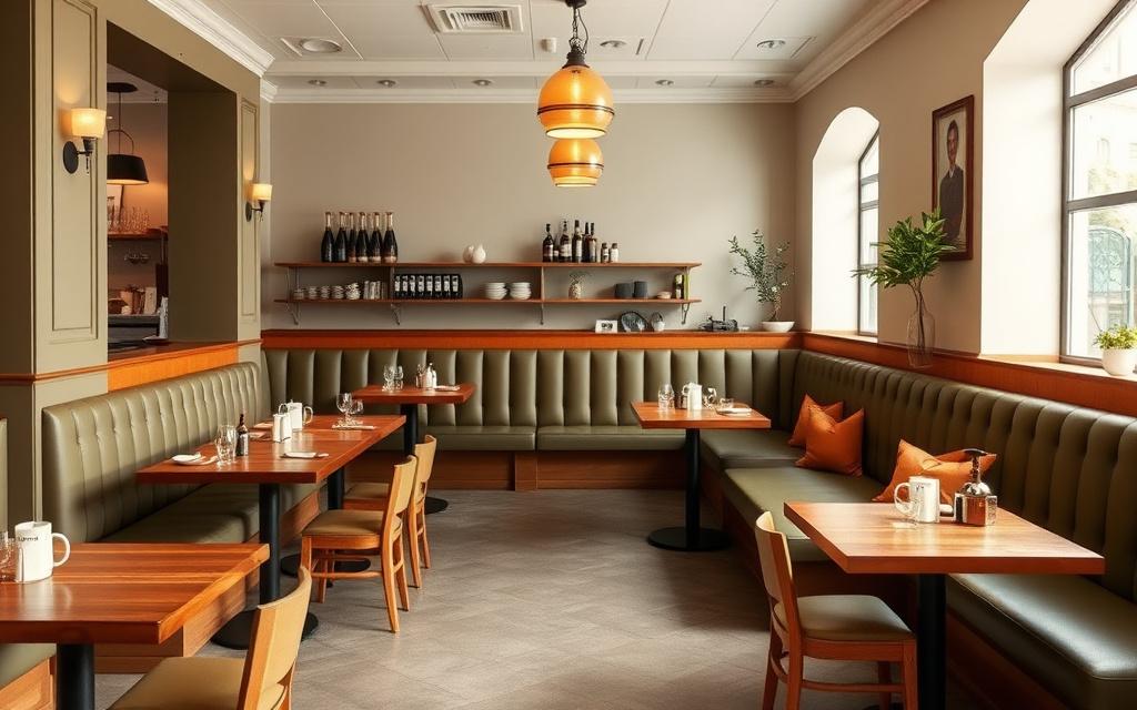 Cafe interior with custom olive-green banquette seating and solid wood tables