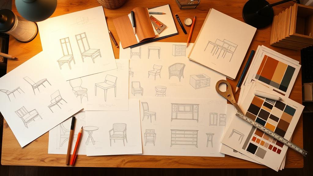 Furniture design sketches, wood samples and measuring tools on a drafting desk