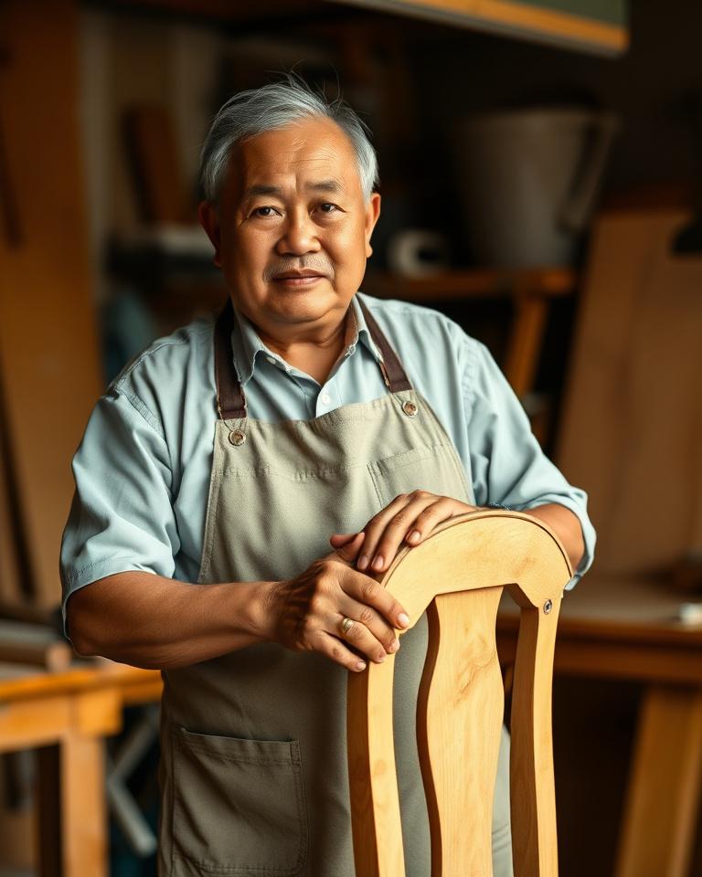 Master craftsman in a canvas apron sanding a chair arm at his workbench