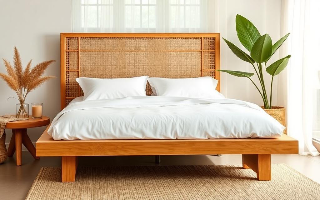 Solid oak platform bed with woven rattan headboard