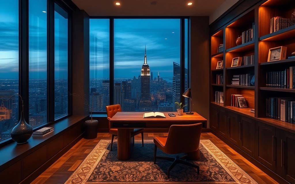 Penthouse study with custom walnut writing desk and built-in bookshelves