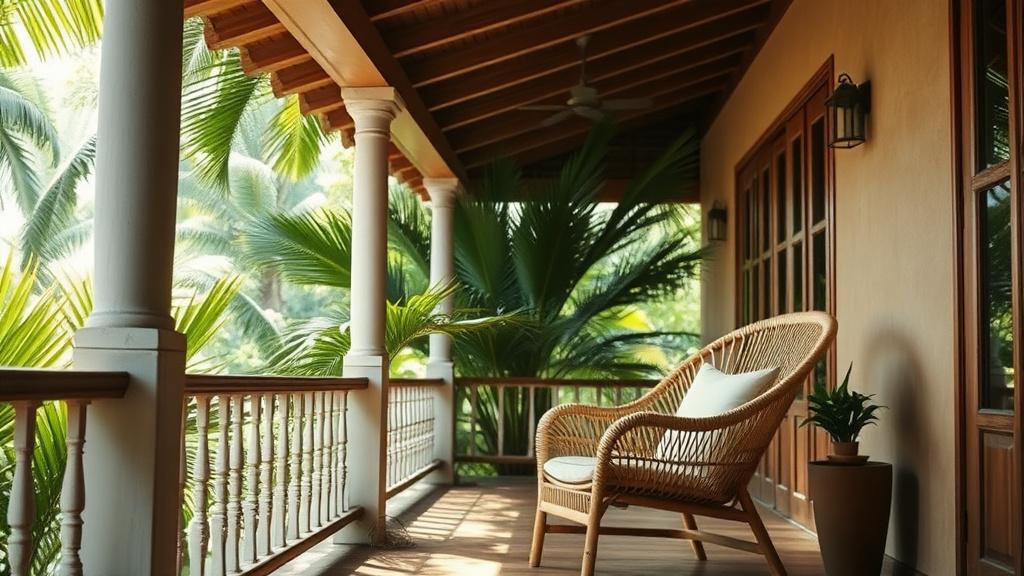 Rattan and wood armchair on a shaded tropical veranda