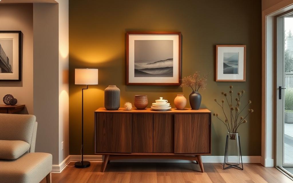Walnut sideboard styled with ceramics and a lamp in the workshop showroom corner