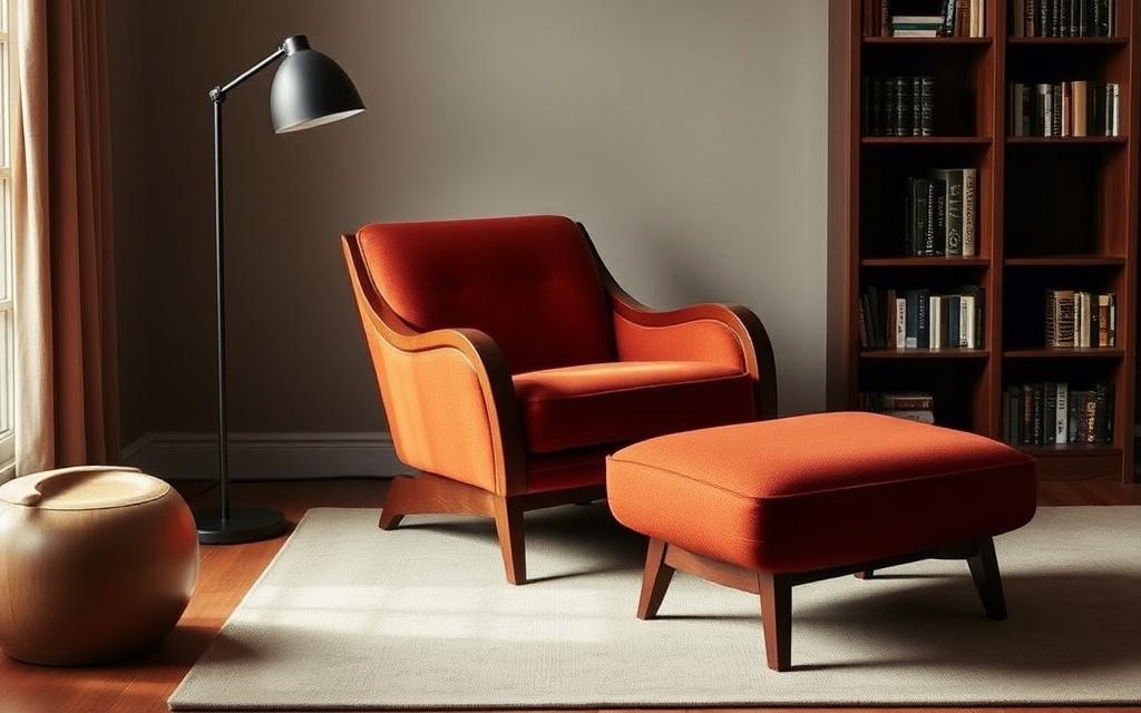 Sculptural lounge chair in burnt sienna fabric with curved wooden arms