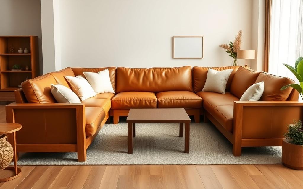 Tan leather modular sectional sofa with solid teak frame