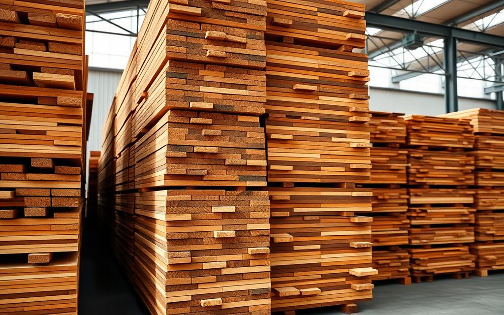Kiln-dried teak and mahogany planks stacked in the timber store