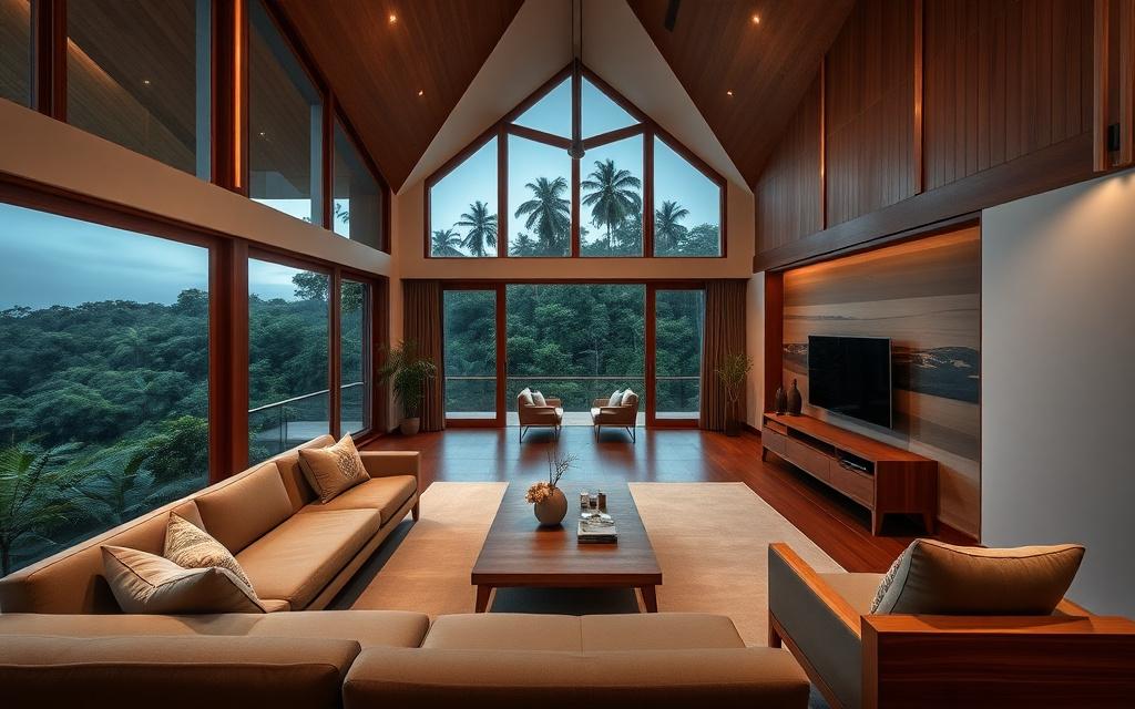 Hillside villa living hall furnished with bespoke teak sofa, coffee table and media cabinet