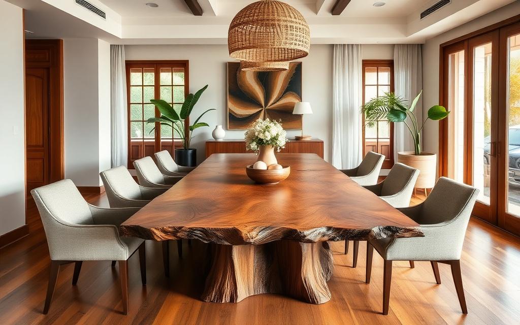 Live-edge walnut dining table with six upholstered chairs